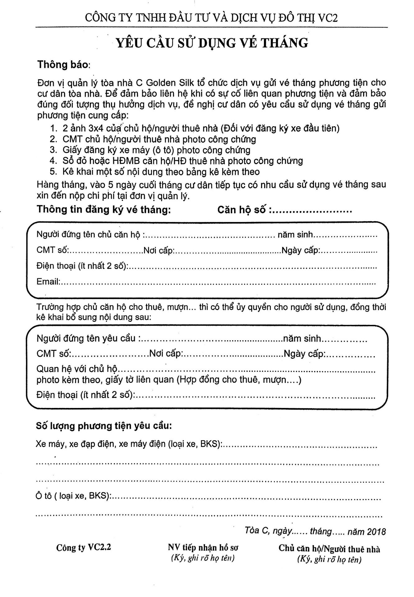 Mẫu đăng ký gửi xe tòa tháp C