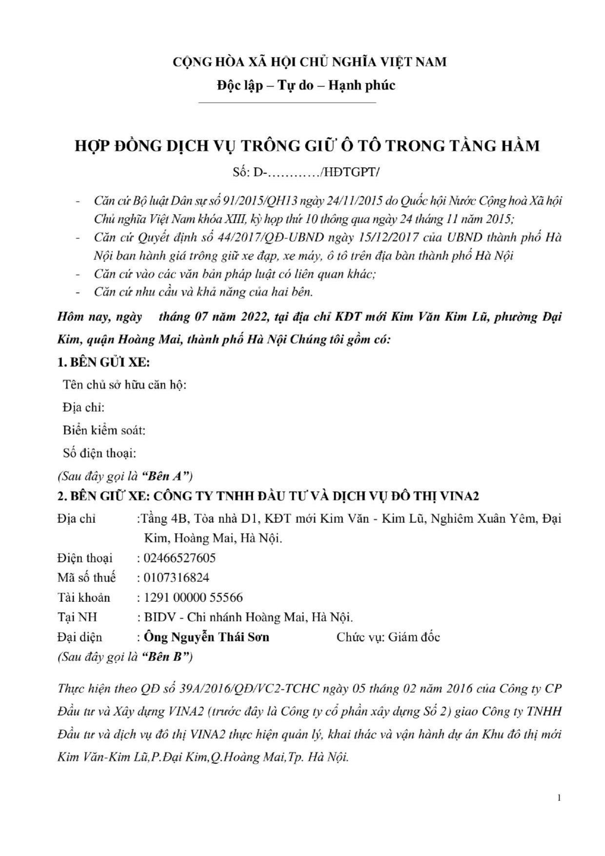 Hợp Đồng Trông Giữ Ô TÔ