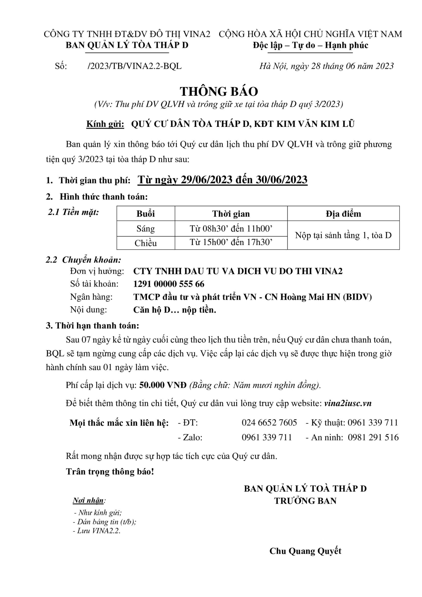 Thông báo lịch thu tiền quý 3/2023 tòa D