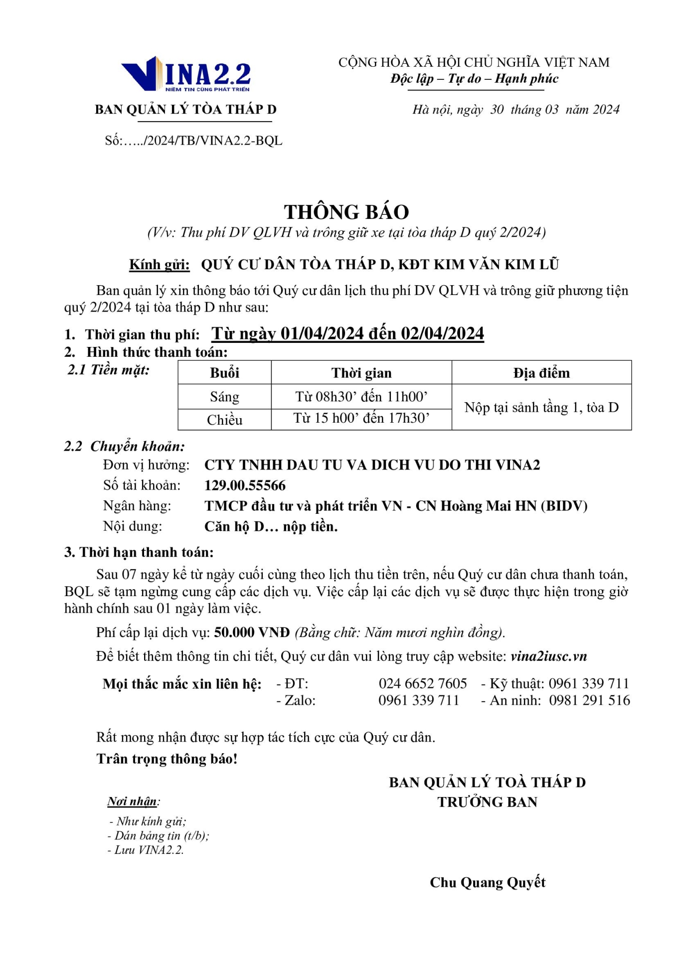 Thông báo lịch thu tiền quý 2/2024 tòa D