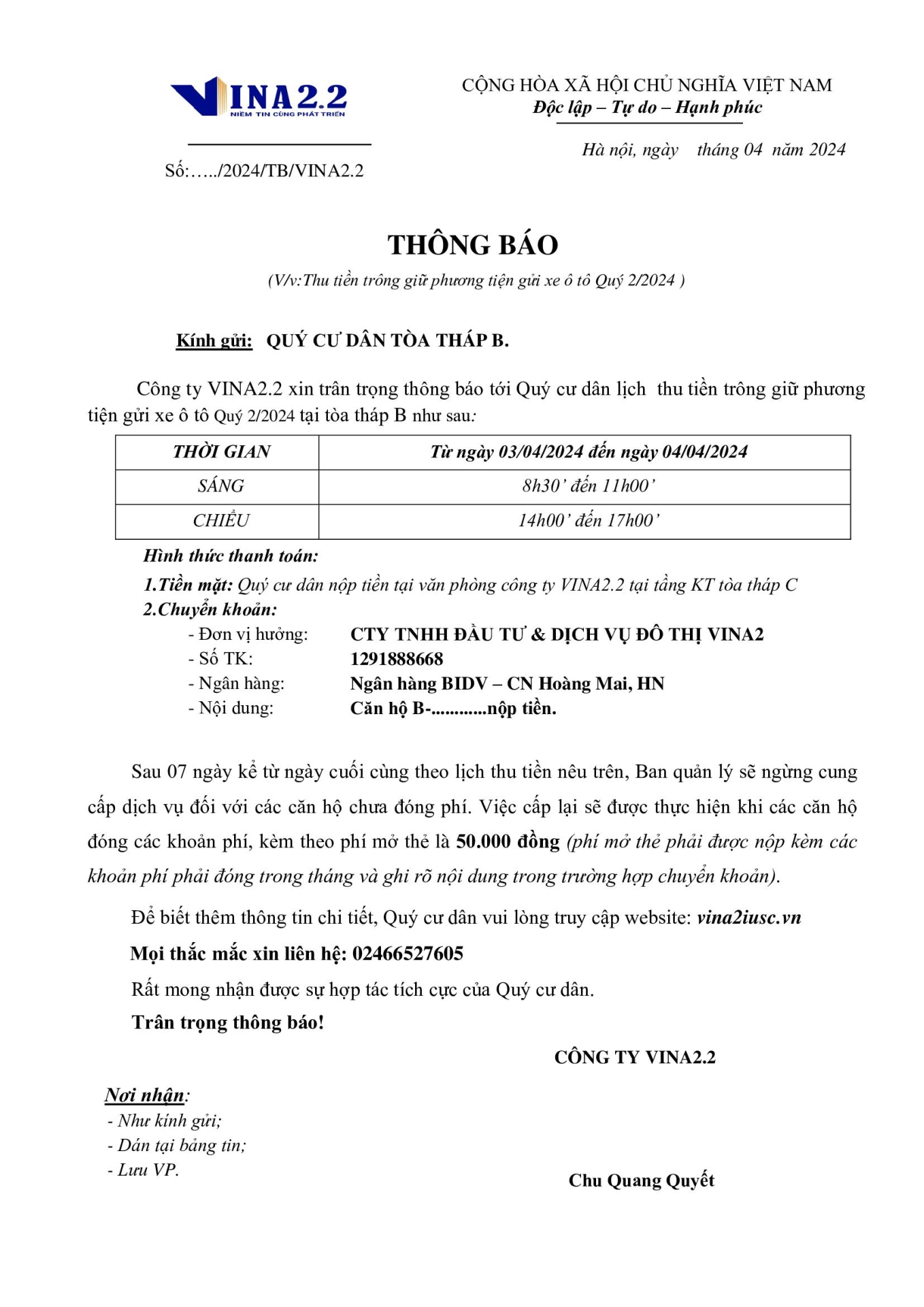 Thông báo lịch thu tiền gửi xe ô tô tòa B quý 2.2024