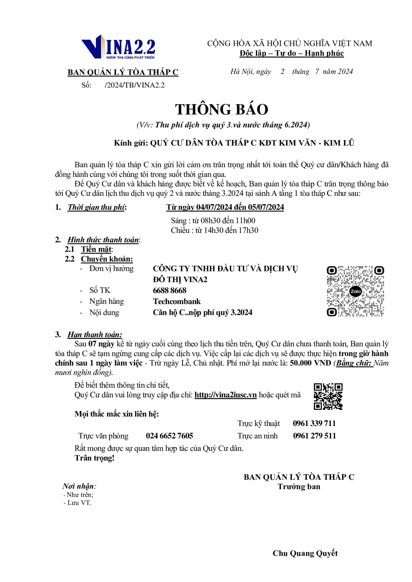 	Thông báo lịch thu tiền T7/2024 tòa C