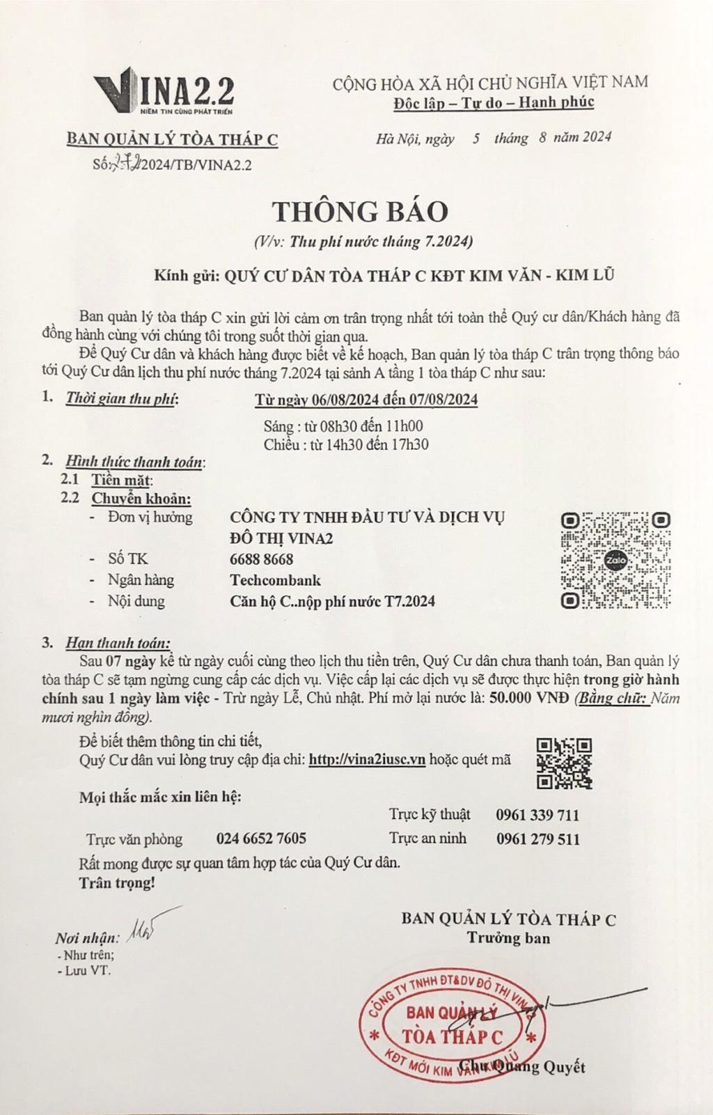 Thông báo lịch thu tiền T8/2024 tòa C