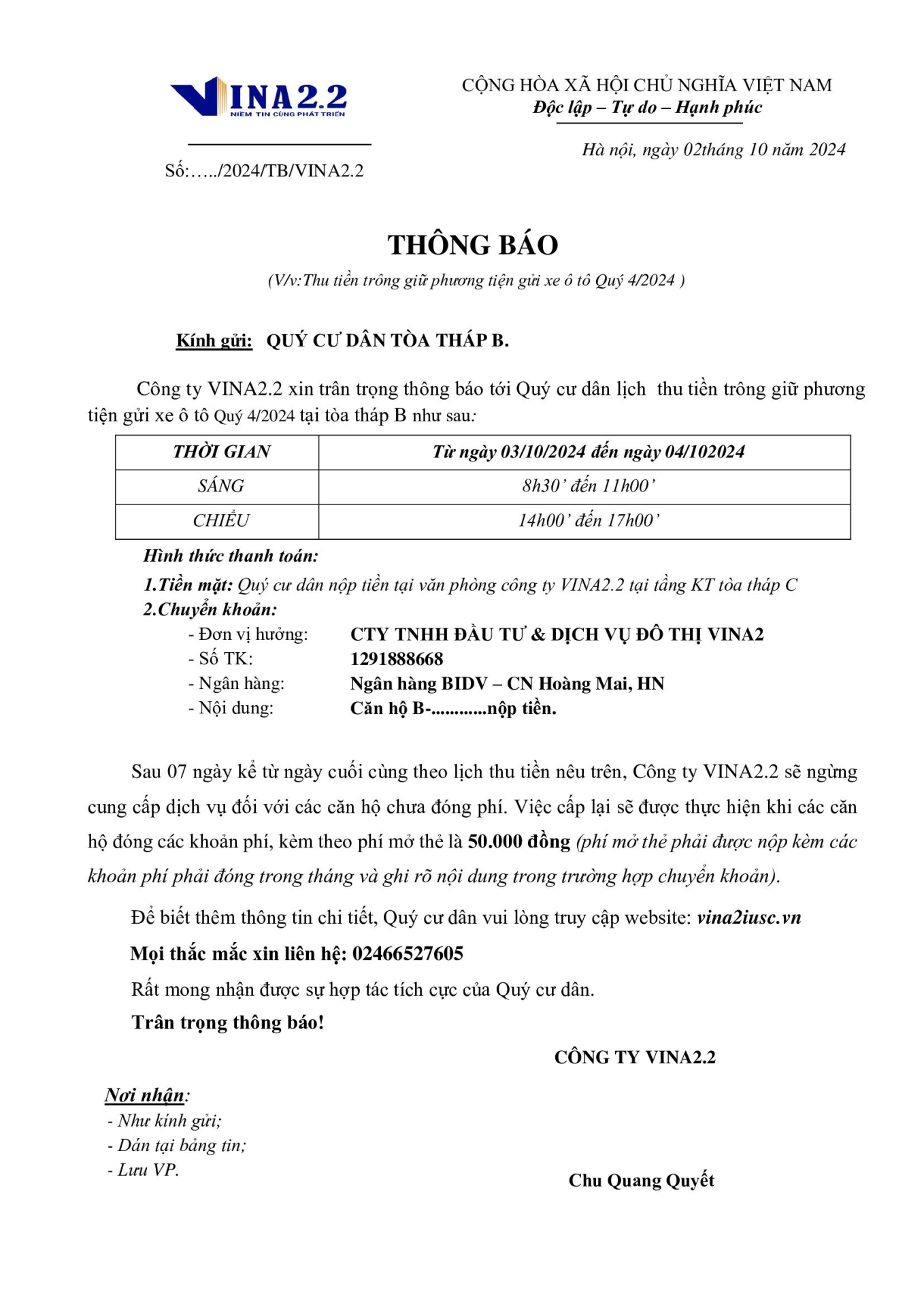 Thông báo lịch thu tiền gửi xe ô tô tòa B quý 4.2024
