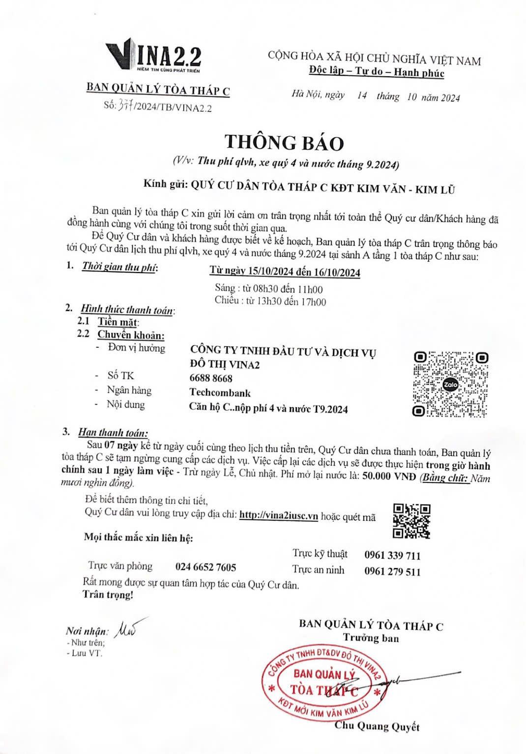 Thông báo lịch thu tiền T10/2024 tòa C