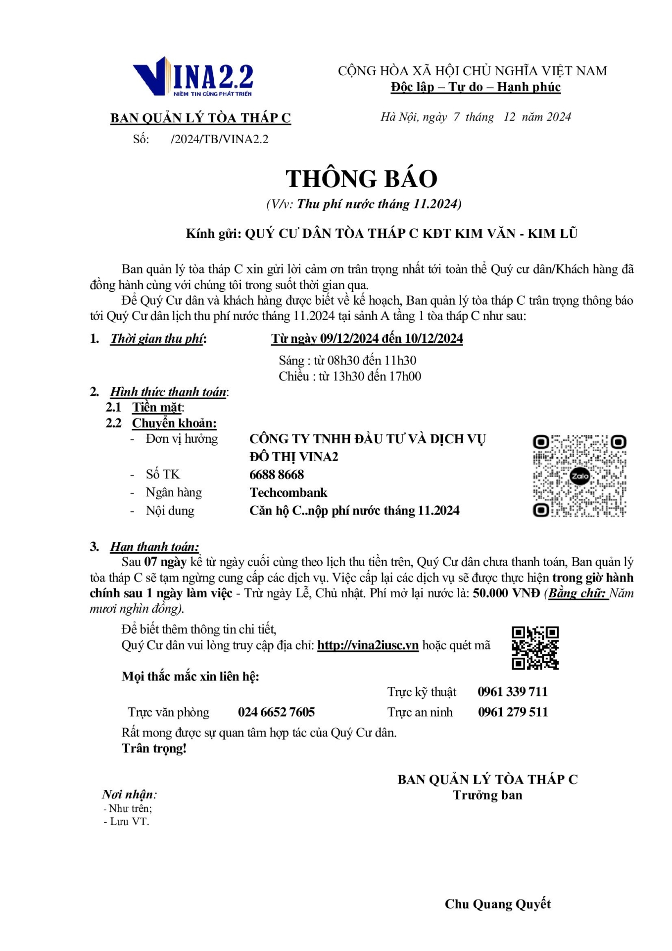 Thông báo lịch thu tiền T12/2024 tòa C