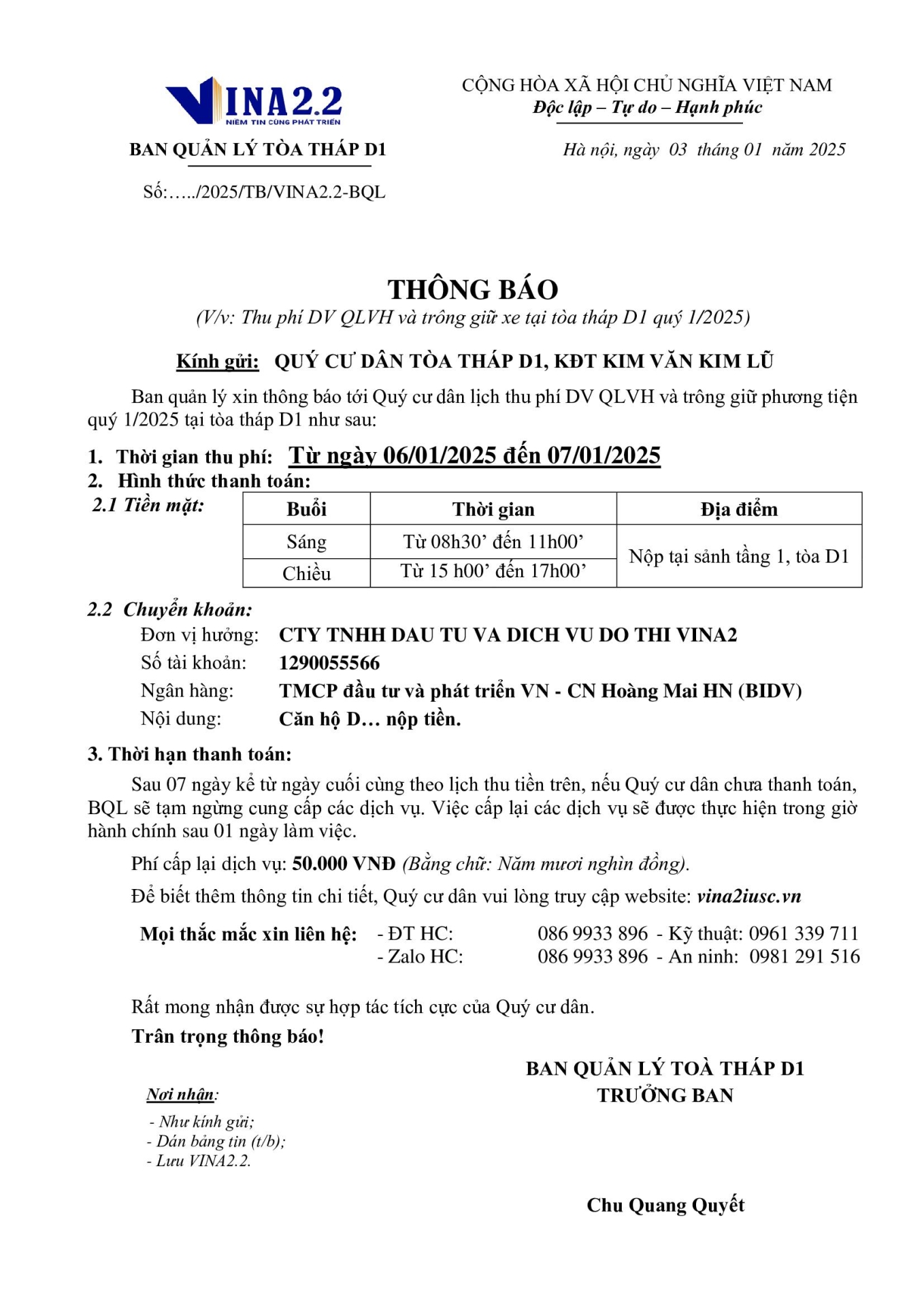 Thông báo lịch thu tiền quý 1/2025 tòa D
