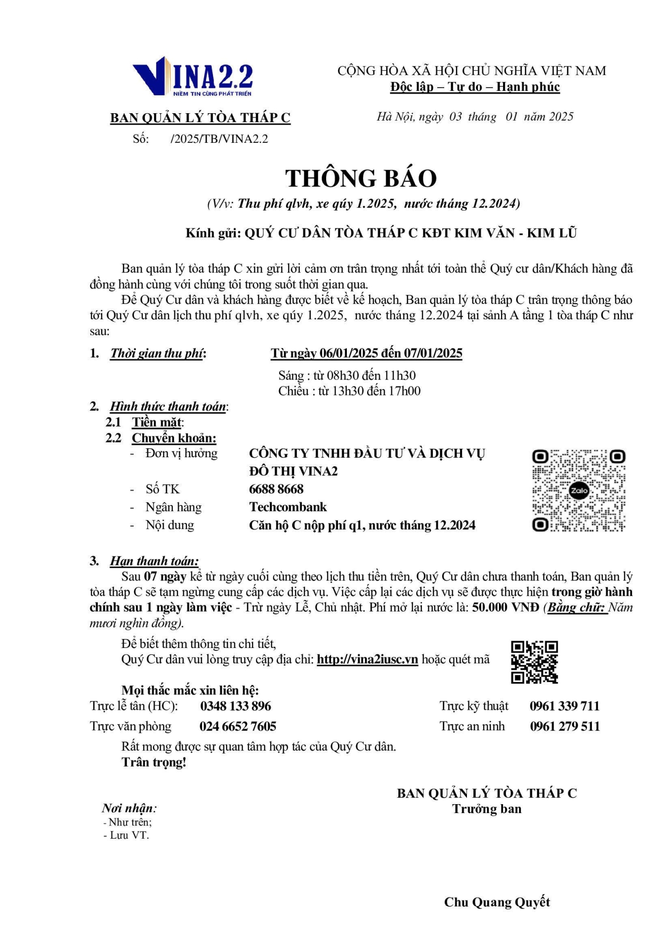 Thông báo lịch thu tiền T1/2025 tòa C