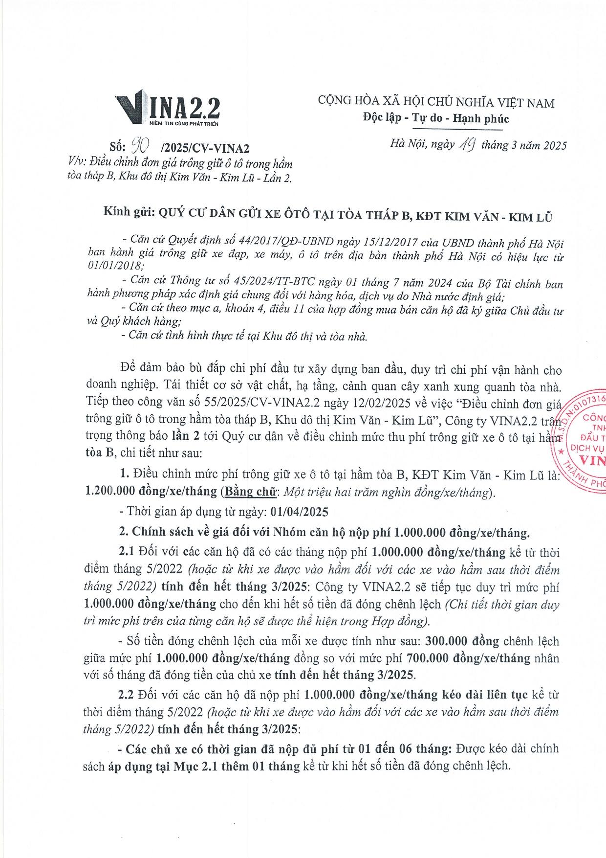 Thông báo về việc Điều chỉnh đơn giá trông giữ xe ô tô trong hầm tòa tháp B, KĐT Kim Văn - Kim Lũ