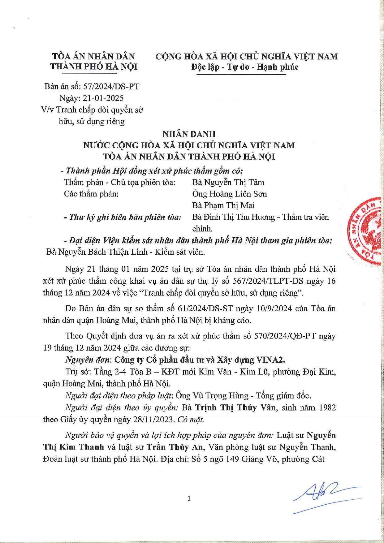 Bản án số 57/2024/DS-PT ngày 21/1/2025 của TÒA ÁN NHÂN DÂN THÀNH PHỐ HÀ NỘI VỀ VIỆC TRANH CHẤP ĐÒI QUYỀN SỞ HỮU, SỬ DỤNG RIÊNG - TÒA B