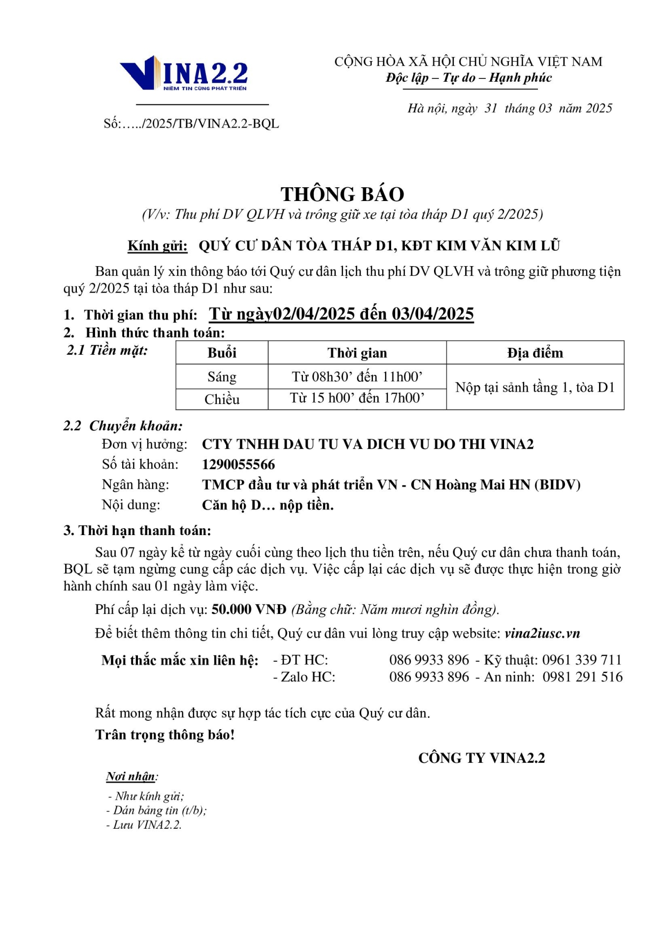 Thông báo lịch thu tiền quý 2/2025 tòa D
