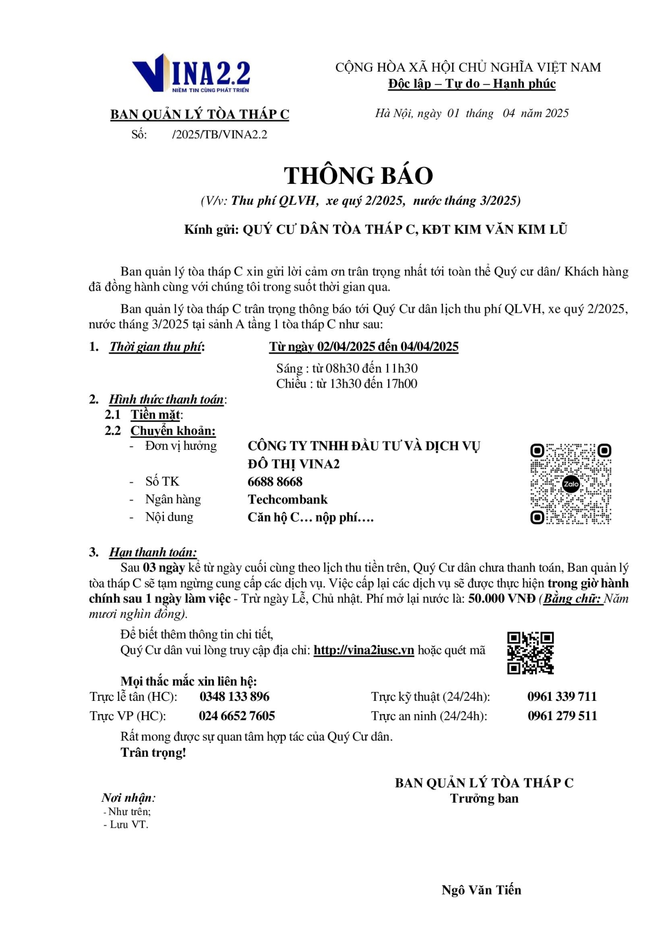 Thông báo lịch thu tiền T4/2025 tòa C