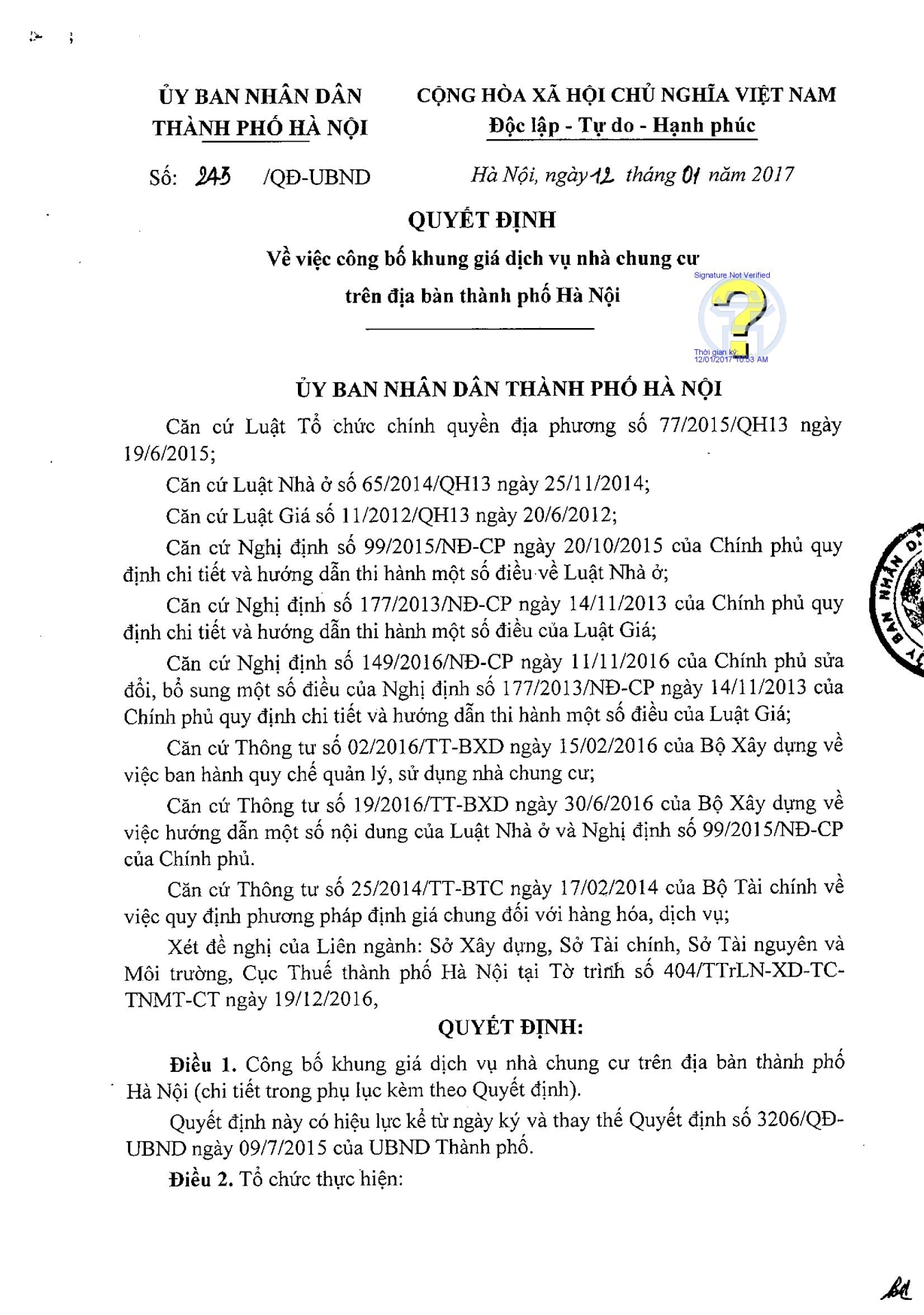 UBND thành phố Hà Nội quyết định khung giá dịch vụ nhà chung cư