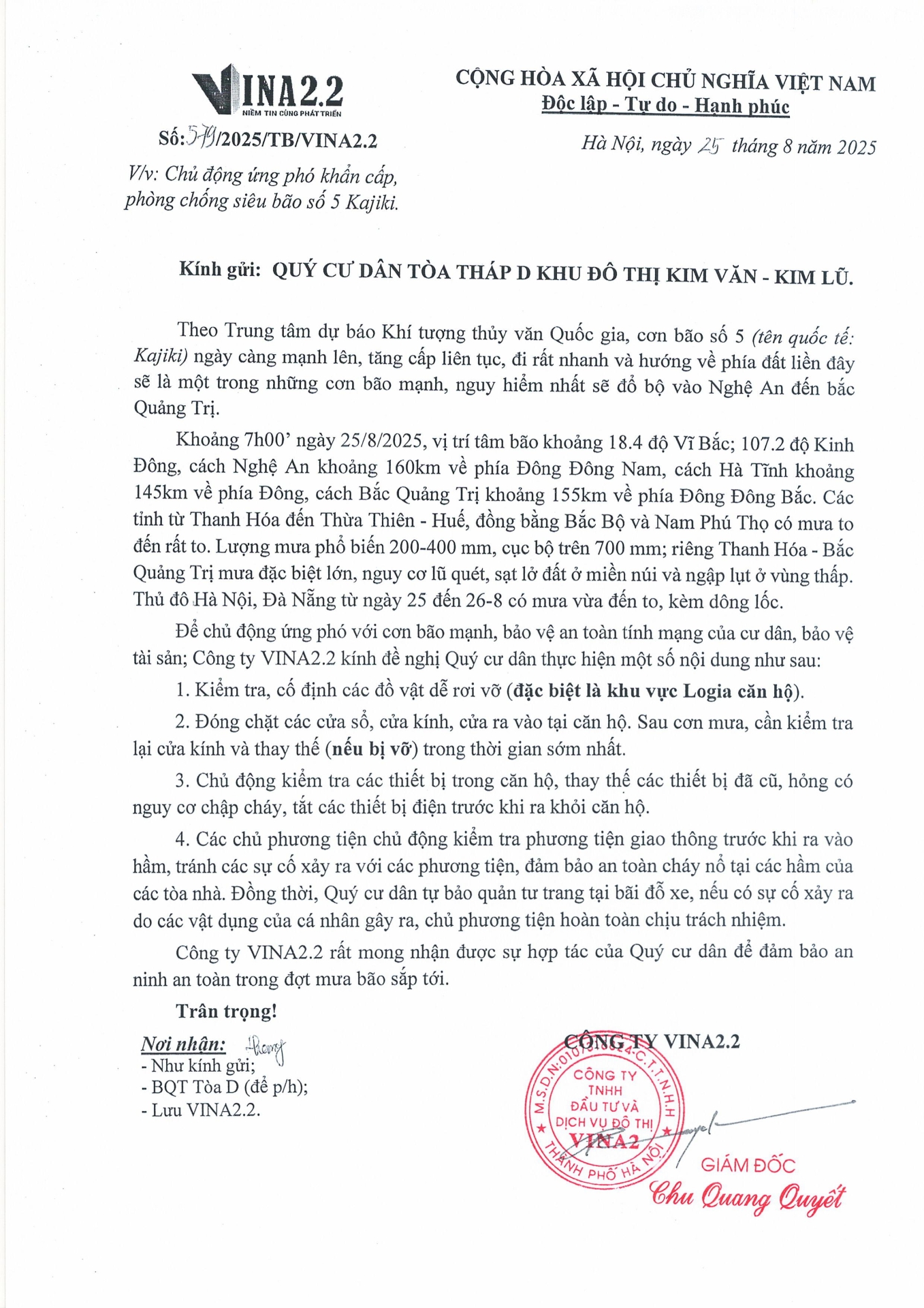 THÔNG BÁO KHẨN – ỨNG PHÓ BÃO SỐ 5 (KAJIKI)