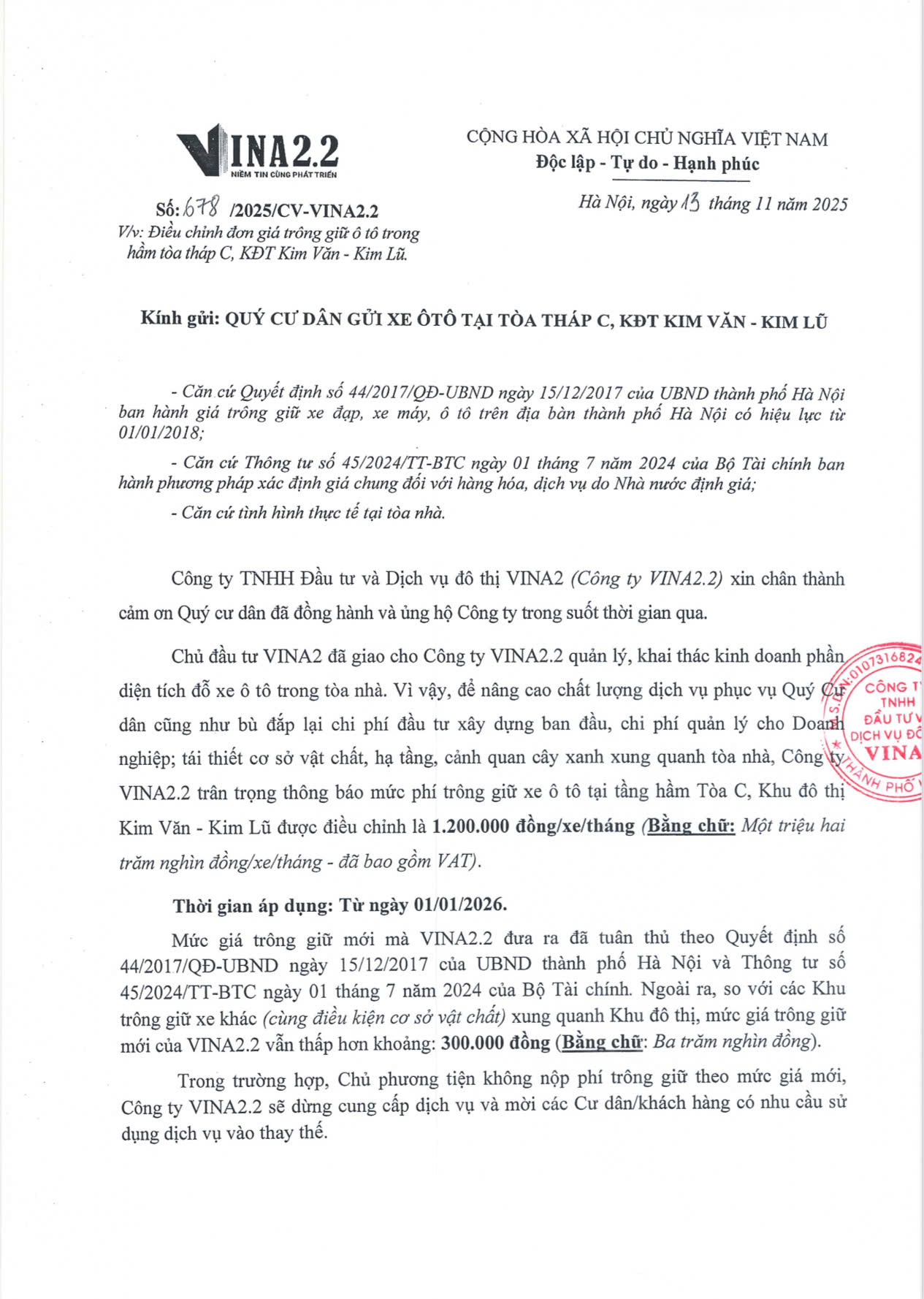 Thông báo về việc Điều chỉnh đơn giá trông giữ xe ô tô trong hầm tòa tháp C, KĐT Kim Văn - Kim Lũ