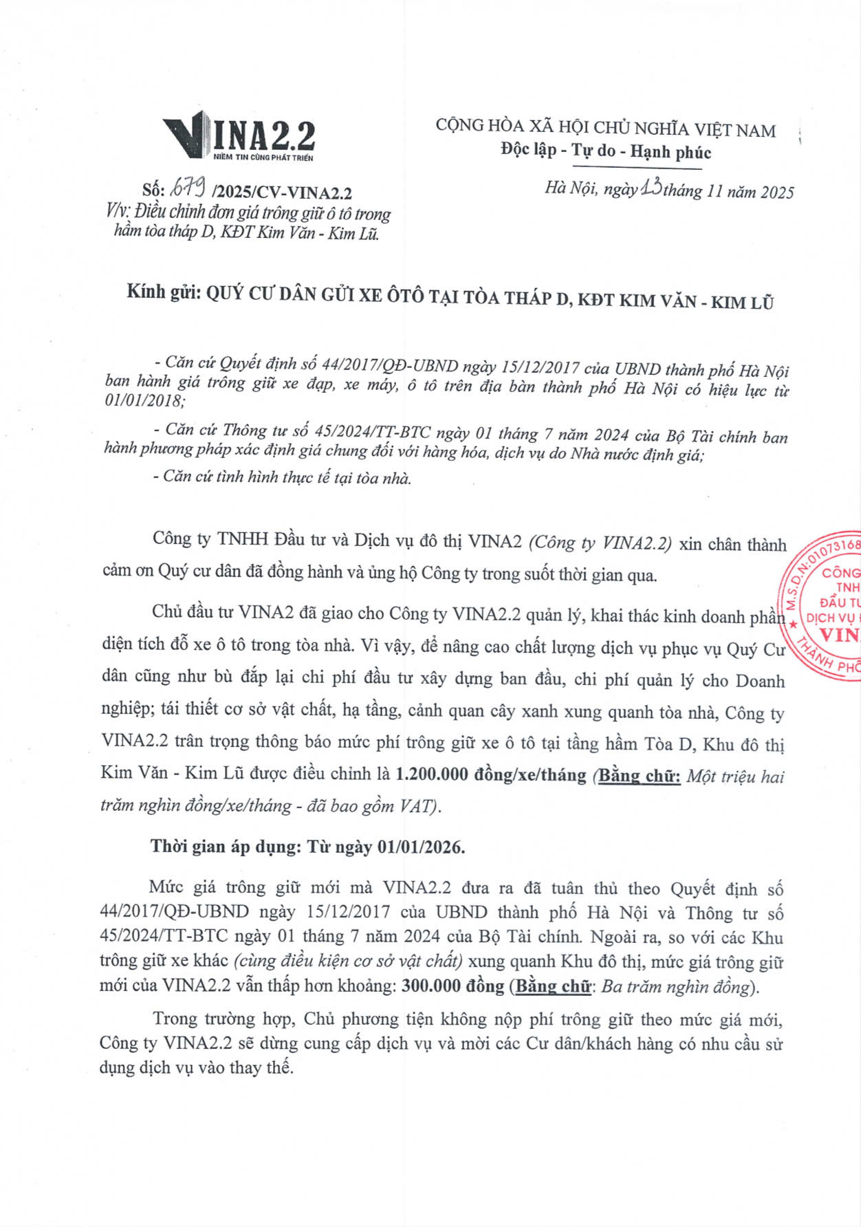 Thông báo về việc Điều chỉnh đơn giá trông giữ xe ô tô trong hầm tòa tháp D, KĐT Kim Văn - Kim Lũ